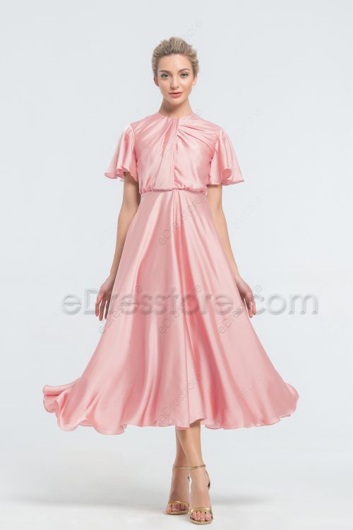 Modest Blush Pink Satin Bridesmaid Dresses Tea Length