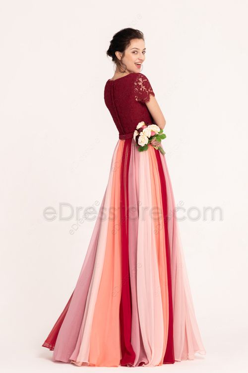 Modest Burgundy Coral Blush Multi-colored Bridesmaid Dresses with Sleeves