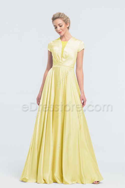 Modest Butter Yellow Bridesmaid Dresses with Beaded Details