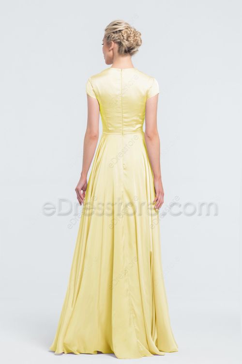 Modest Butter Yellow Bridesmaid Dresses with Beaded Details