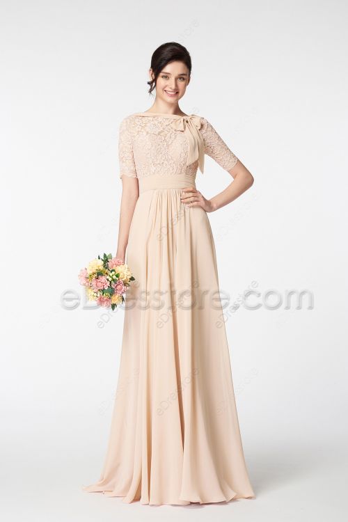 Modest Champagne Bridesmaid Dresses with Sleeves