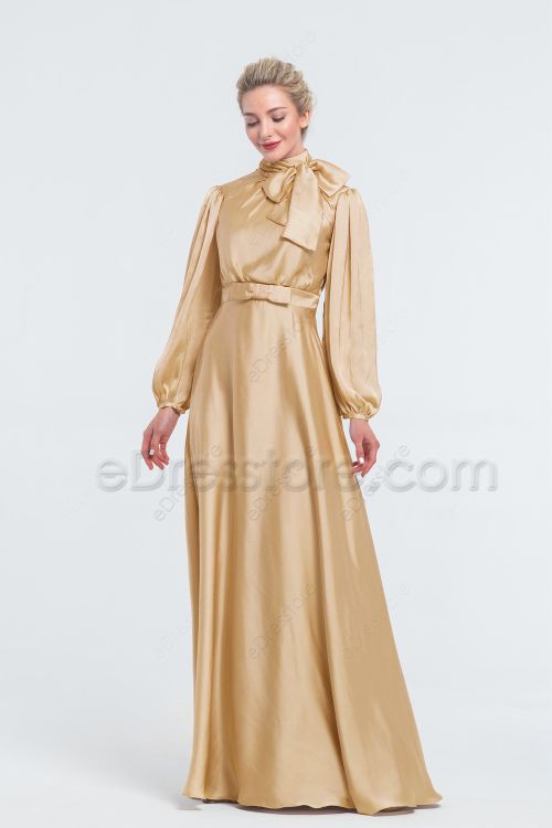 Modest Champagne Gold Satin Bridesmaid Dresses Long Sleeves