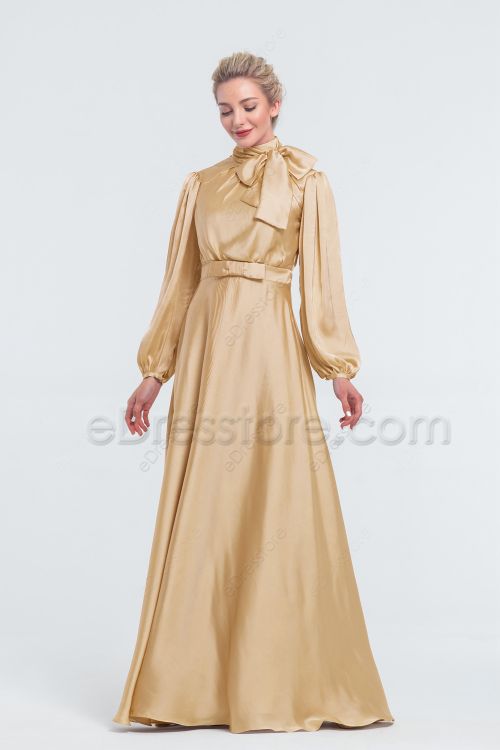 Modest Champagne Gold Satin Bridesmaid Dresses Long Sleeves
