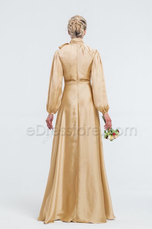 Modest Champagne Gold Satin Bridesmaid Dresses Long Sleeves