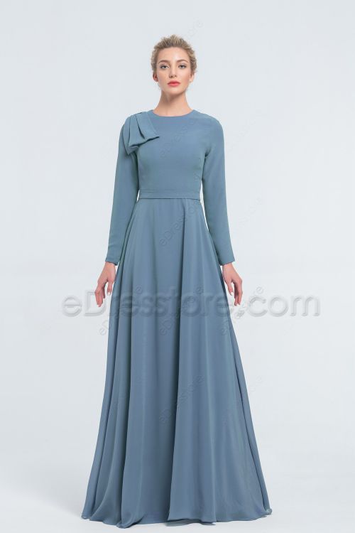 Modest Cheap French Blue Bridesmaid Dresses Long Sleeves