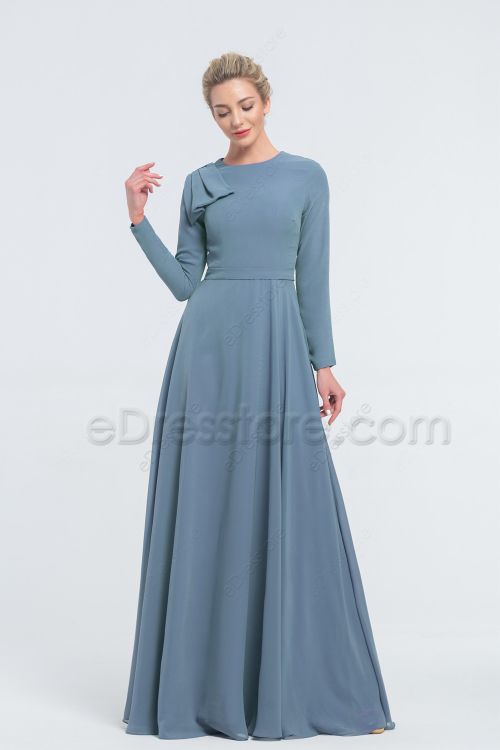 Modest Cheap French Blue Bridesmaid Dresses Long Sleeves