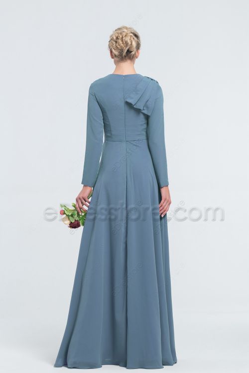 Modest Cheap French Blue Bridesmaid Dresses Long Sleeves