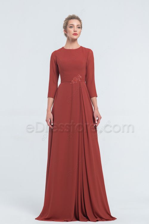 Modest Chiffon Rust Colored Bridesmaid Dresses with Sleeves