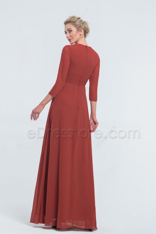 Modest Chiffon Rust Colored Bridesmaid Dresses with Sleeves