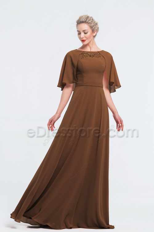 Modest Chocolate Brown Bridesmaid Dresses with Cape of Elbow Length