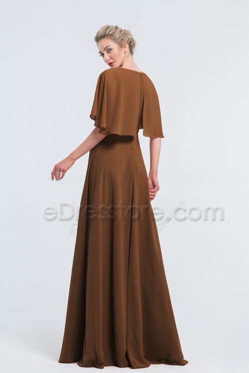 Modest Chocolate Brown Bridesmaid Dresses with Cape of Elbow Length