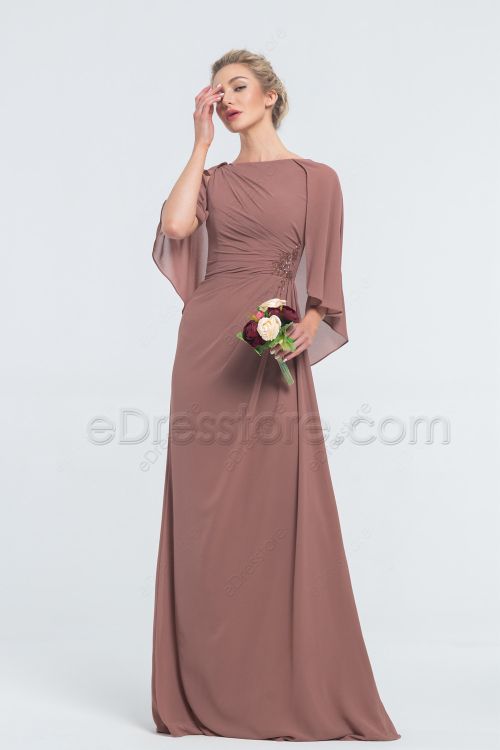 Modest Cinnamon Rose Bridesmaid Dresses with Capelet