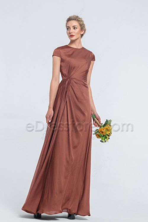 Modest Cinnamon Rose Satin Bridesmaid Dresses Cap Sleeves