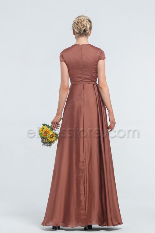 Modest Cinnamon Rose Satin Bridesmaid Dresses Cap Sleeves