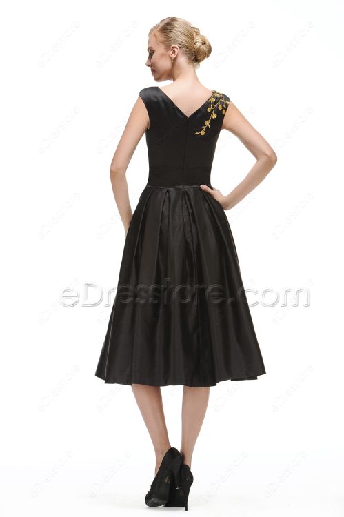 Modest Black Cocktail Dress Tea Length with Golden Embroidery