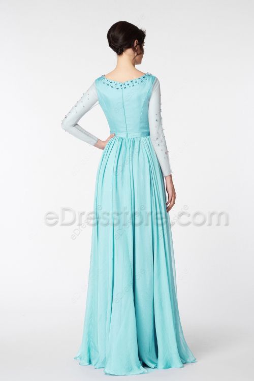 Modest Crystal Beaded Aqua Bridesmaid Dresses Long Sleeves