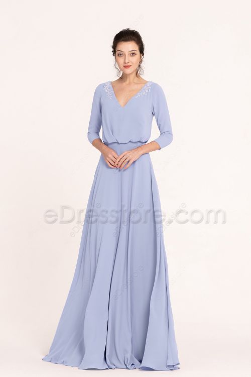 Modest Crystal Beaded Sky Blue Bridesmaid Dresses Three Quarter Sleeves