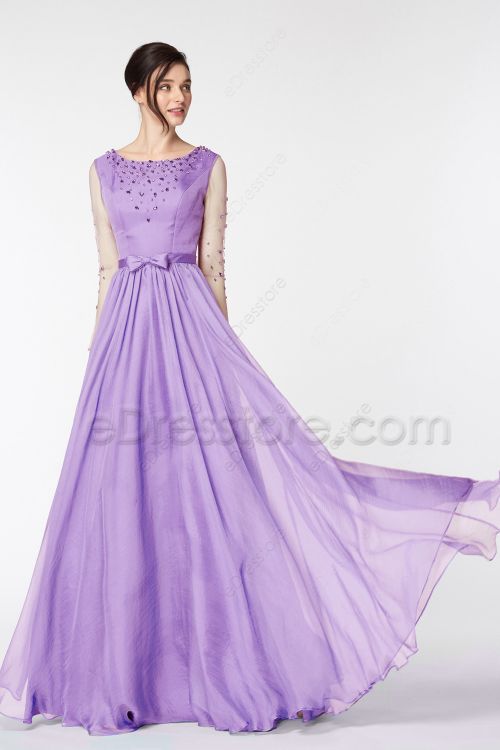 Modest Crystals Lilac Bridesmaid Dresses Long Sleeves