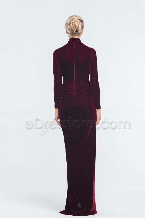 Modest Dark Burgundy Velvet Prom Dresses with Slit Long Sleeeves