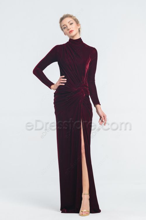 Modest Dark Burgundy Velvet Prom Dresses with Slit Long Sleeeves
