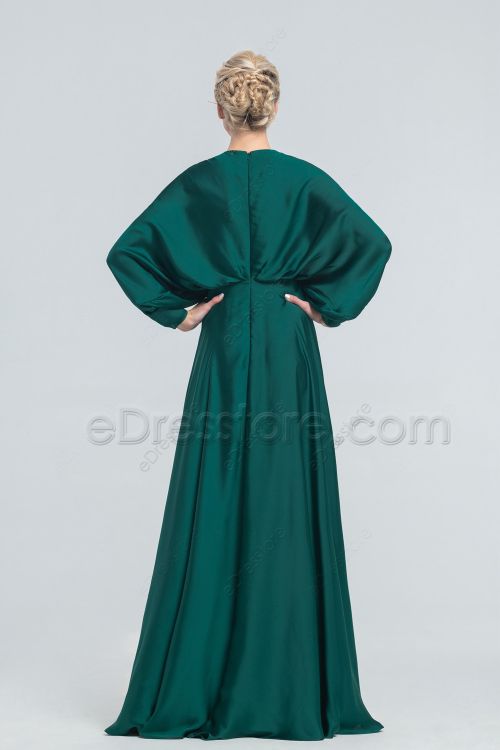 Modest Dark Emerald Satin Bridesmaid Dresses Long Dolman Sleeves