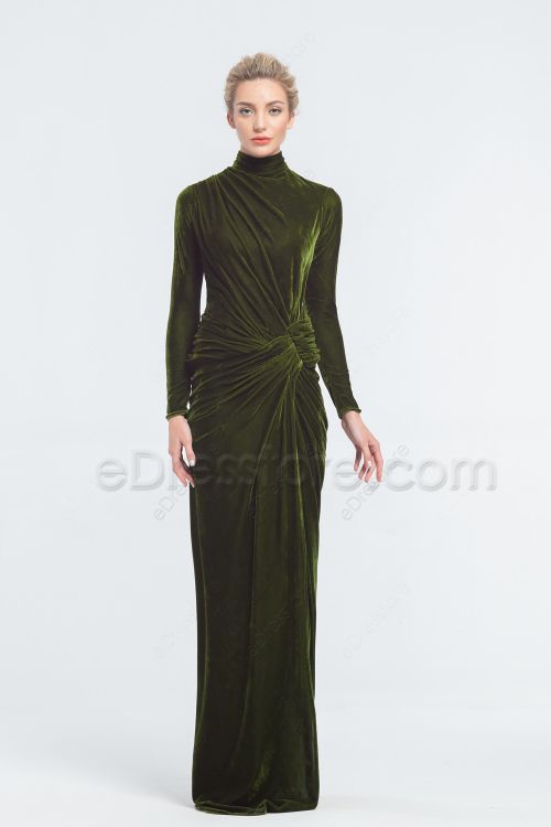 Modest Dark Olive Green Velvet Bridesmaid Dresses Long Sleeves