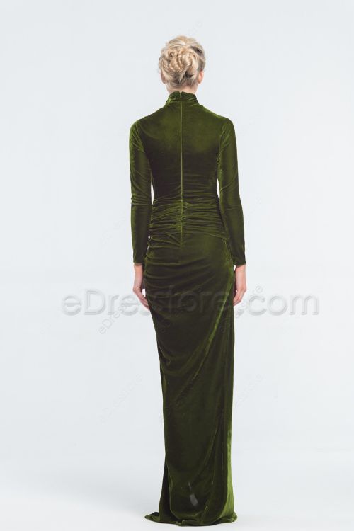 Modest Dark Olive Green Velvet Bridesmaid Dresses Long Sleeves