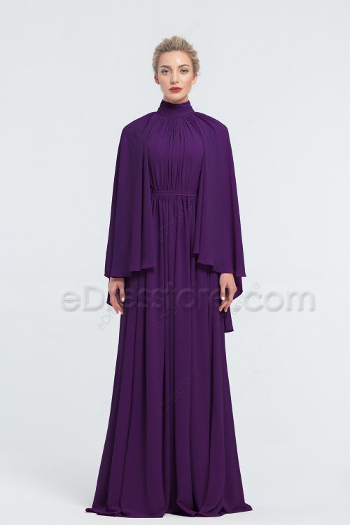 Modest Dark Purple Bridesmaid Dresses Bell Sleeves Long