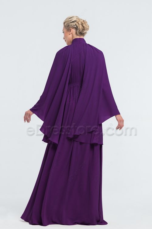 Modest Dark Purple Bridesmaid Dresses Bell Sleeves Long