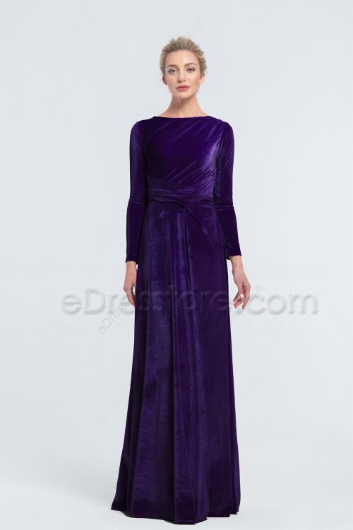 Modest Dark Purple Bridesmaid Dresses Long Sleeves