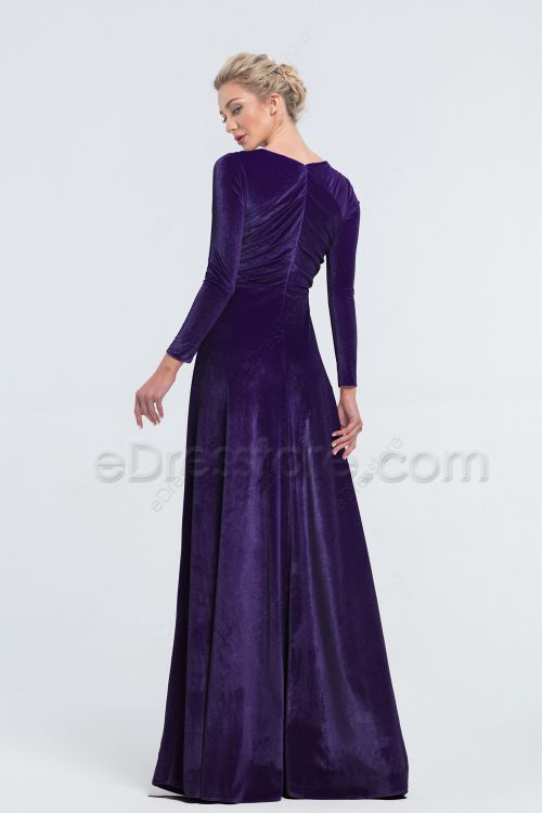 Modest Dark Purple Bridesmaid Dresses Long Sleeves