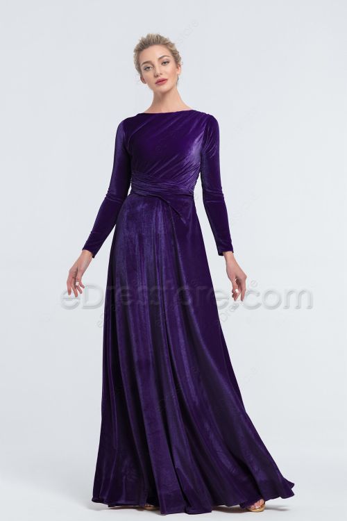 Modest Dark Purple Bridesmaid Dresses Long Sleeves