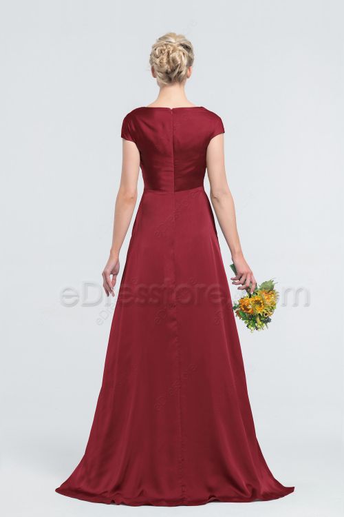 Modest Deep Red Satin Bridesmaid Dress Cowl Neck