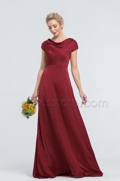 Modest Deep Red Satin Bridesmaid Dress Cowl Neck