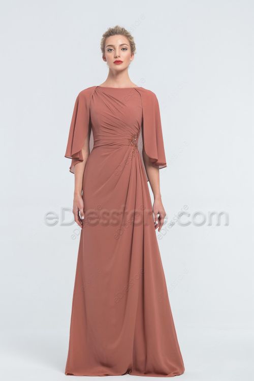 Modest Desert Coral Bridesmaid Dresses with Cape