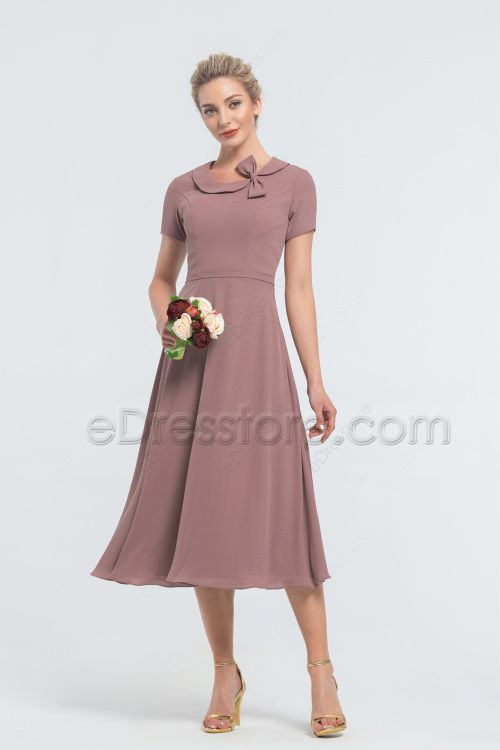 Modest Desert Rose Midi Bridesmaid Dresses with Short Sleeves