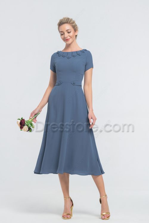Modest Dusty Blue Midi Bridesmaid Dresses Short Sleeves