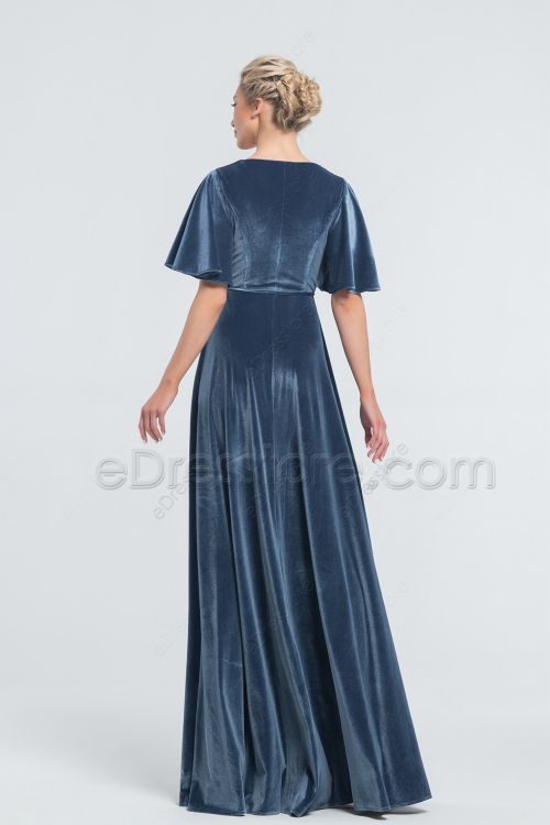Modest Dusty Blue Wrap Velvet Bridesmaid Dresses with Flutter Sleeves