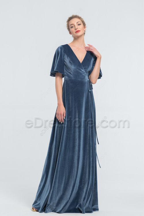 Modest Dusty Blue Wrap Velvet Bridesmaid Dresses with Flutter Sleeves