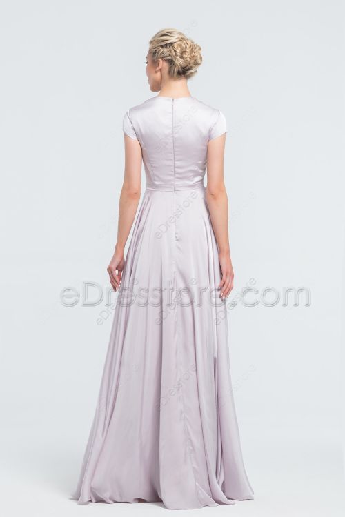 Modest Dusty Lavender Satin Bridesmaid Dresses Long with Cap Sleeves