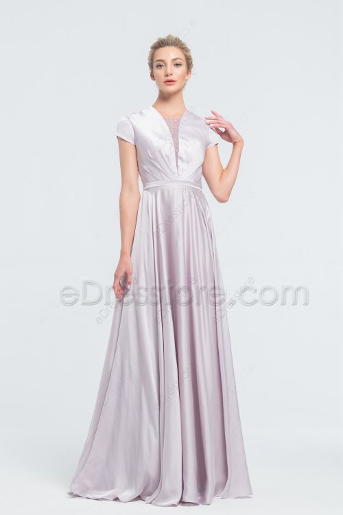 Modest Dusty Lavender Satin Bridesmaid Dresses Long with Cap Sleeves