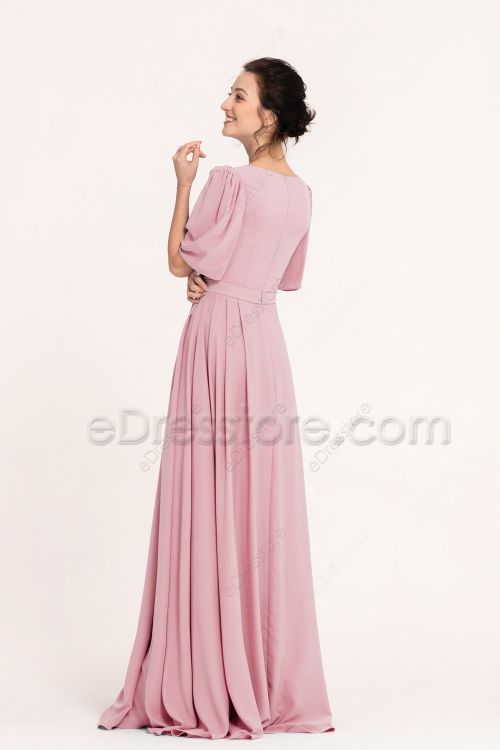 Modest Dusty Pink Bridesmaid Dresses with Sleeves