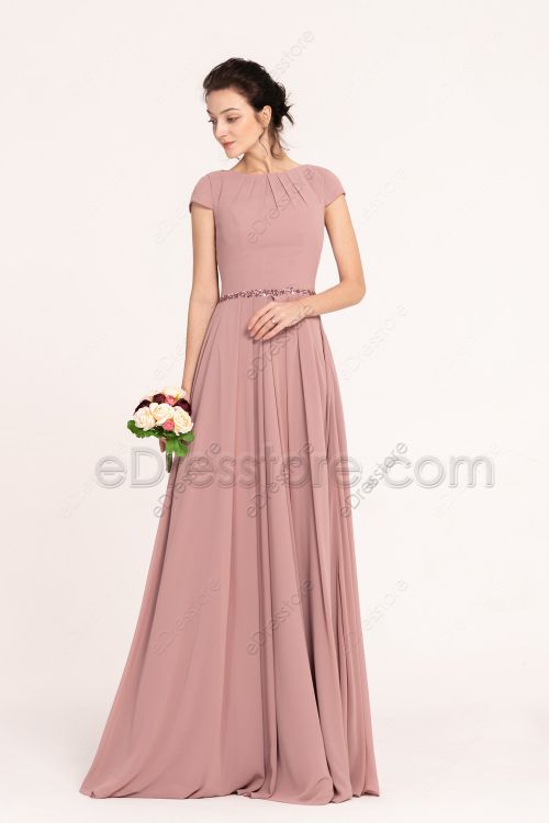 Dusty Rose Modest Bridesmaid Dresses with Beadings