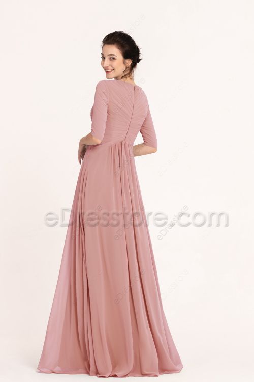 Modest Dusty Rose Maternity Bridesmaid Dresses Empire Waist with Elbow Sleeves