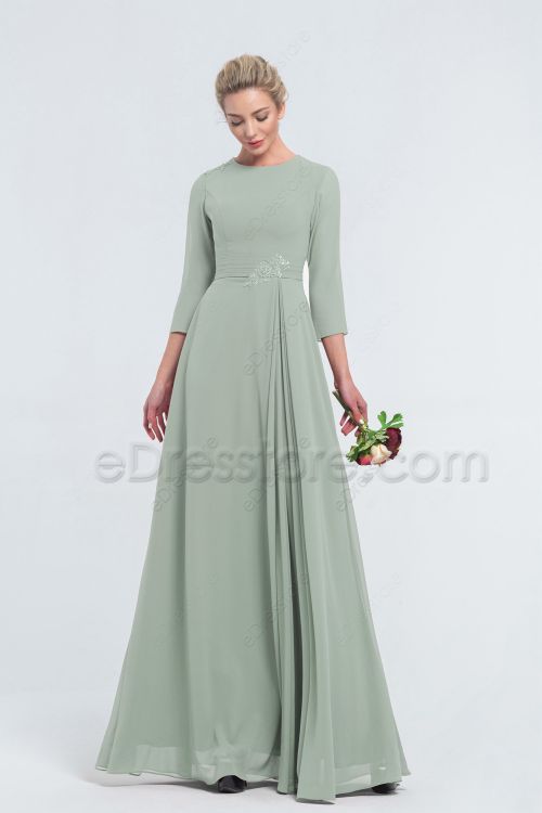 Modest Dusty Sage Beaded Bridesmaid Dresses with Sleeves