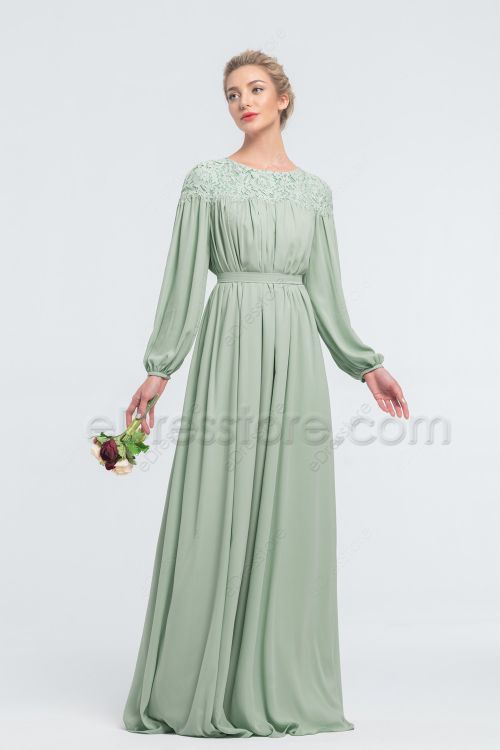 Modest Dusty Sage Bridesmaid Dresses Long Sleeves Free Waistline