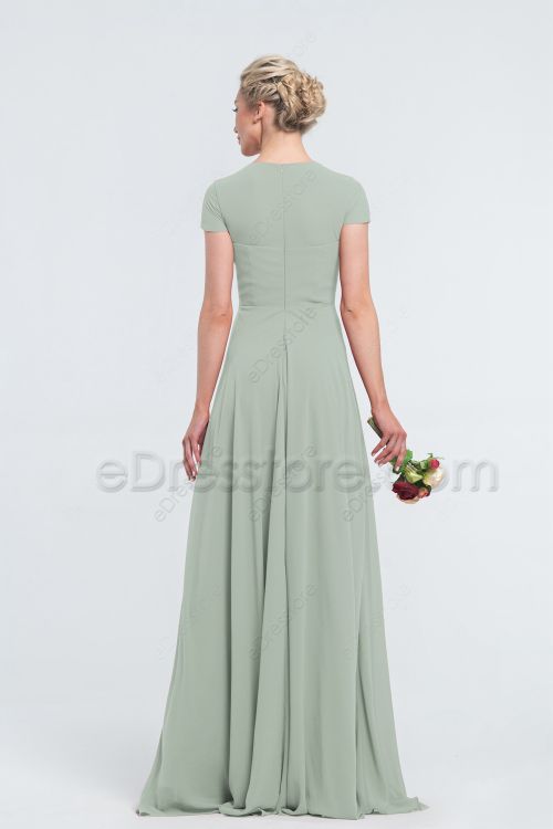 Modest Dusty Sage Bridesmaid Dresses with Sleeves