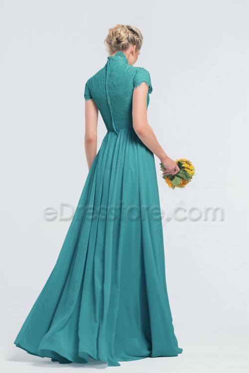 Modest Elegant Lace Turquoise Bridesmaid Dresses with Sleeves