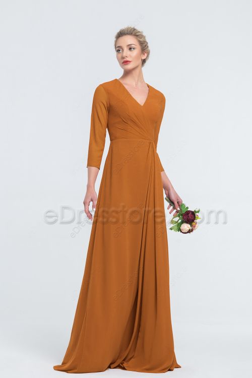 Modest Elegant Rush Orange Bridesmaid Dresses with Sleeves