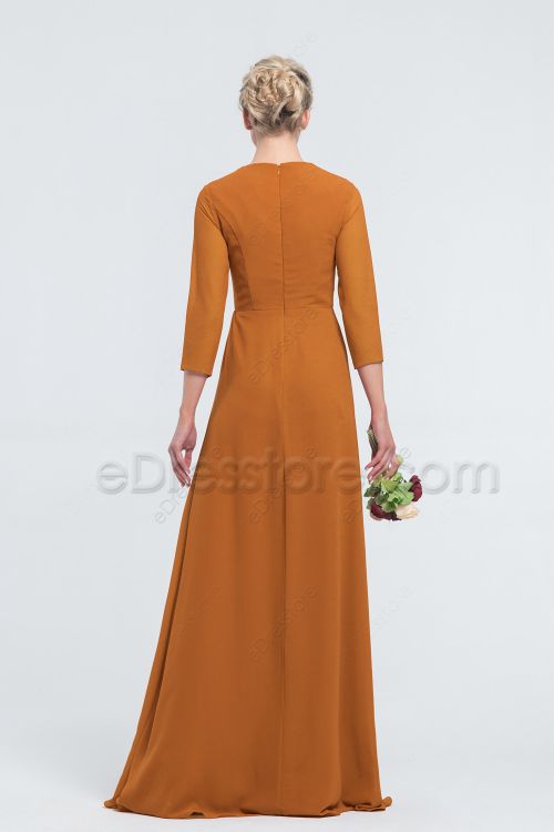 Modest Elegant Rush Orange Bridesmaid Dresses with Sleeves